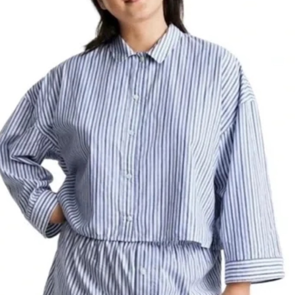 Everlane boxy cotton blue and white striped button down pajamas top.❗️NEW. Sz XL
